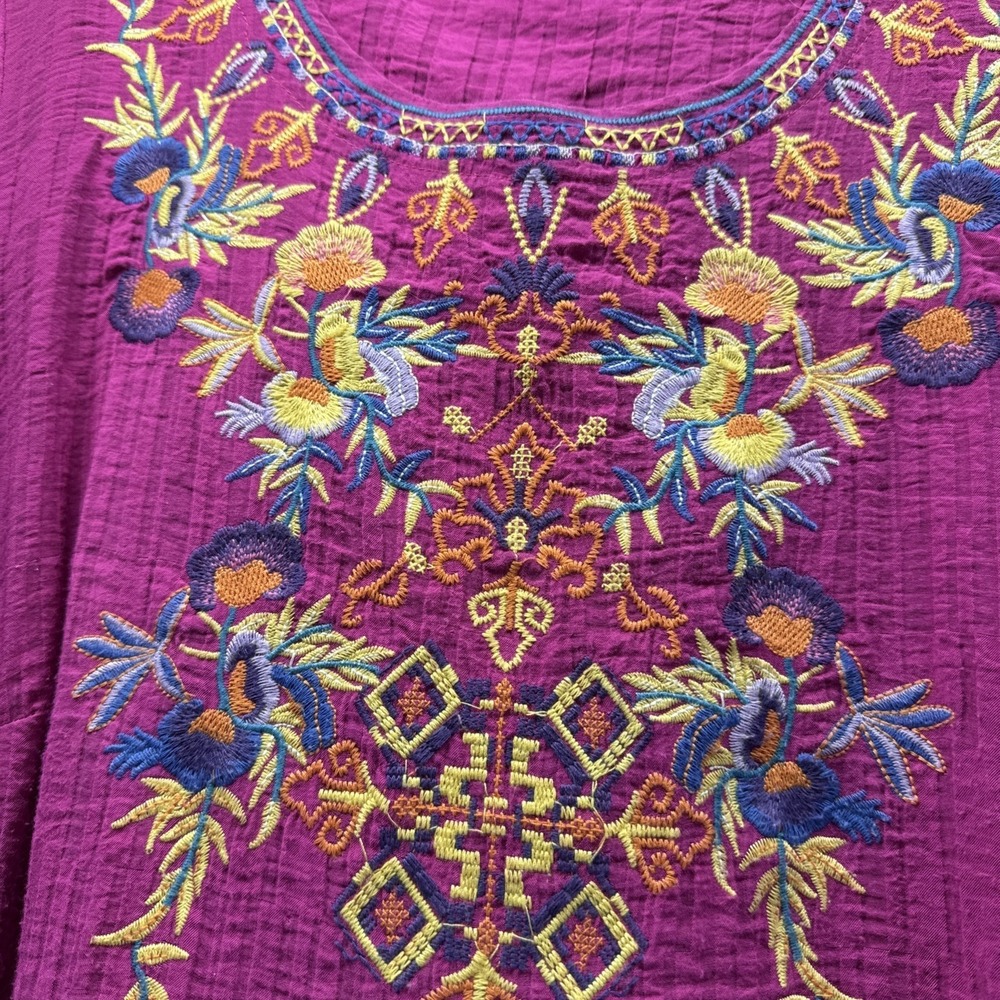Bohemian Women's Tunic Top Sz L Pink Colorful Embroidered Ruffle Sleeve Art Boho
